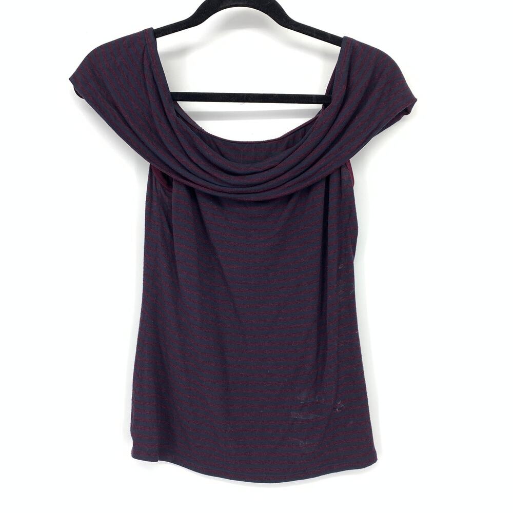 Trina Turk Off Shoulder Knit Top Womens Size Small Navy Blue Maroon Stripe